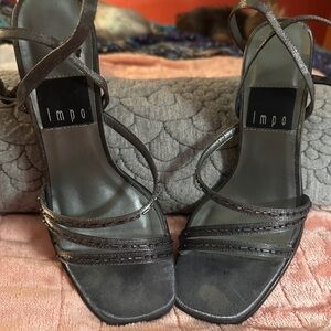 IMPO Tonya Beaded Pewter Heels 6.5M – Luxury Vintage Glam w/ Wrap Ankle Strap